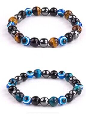 Evil Eye Beaded Stretch Bracelet in Black, Blue & Brown